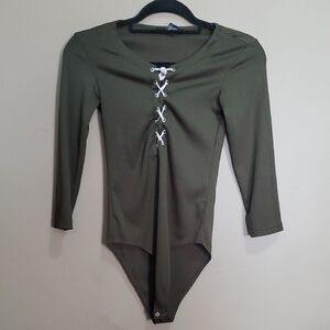 Forever 21 Khaki Lace-Up Ribbed Bodysuit Size Small